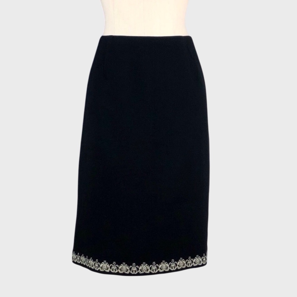 Vintage Oscar de la Renta Black Wool Pencil Skirt with Metallic Embroidered Hem